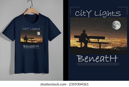 Description: Embrace the serenity of the night with our "City Light Beneath" t-shirt. The deep navy blue background sets the stage for a captivating scene. At its center, a lone.