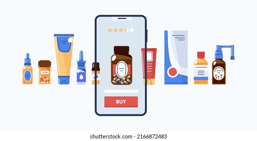 Description and evaluation of medications through mobile app.Compare prices and buy medications online.Vector illustration isolated in white background. 