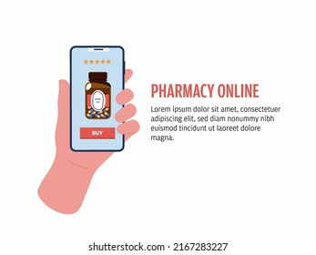 Description and evaluation of medications through mobile app.Hand holds cell phone.Compare prices and buy medications online.Vector illustration isolated in white background. 