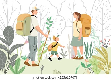 Description: A family hiking through a forest trail surrounded by greenery and trees, enjoying nature and adventure, vector illustration.