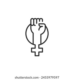 Descripción: Icono del feminismo. Icono simple del empoderamiento femenino que representa los derechos de las mujeres, la igualdad de género y la justicia social. El puño levantado significa la lucha por la igualdad. Ilustración vectorial