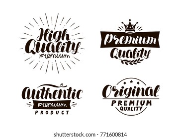 Description of goods. Typography design set icons or symbols. Lettering vector illustration