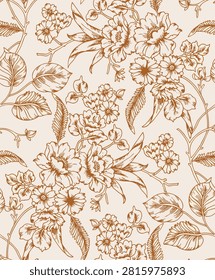 **Description:**

A graceful seamless floral line art pattern featuring intricately illustrated blooming flowers, delicate blossoms, elegant foliage, and flowing botanical branches arranged in a sophisticated all-over composition. Rendered in a warm sepia-brown outline on a soft cream background, the design embraces a refined monochromatic aesthetic with a timeless hand-drawn appearance. The detailed floral sketches and fine botanical linework evoke the elegance of vintage botanical illustrations while maintaining a clean, contemporary appeal. Perfect for dresses, kurtis, blouses, shirts, scarves, sleepwear, upholstery, bedding, cushions, wallpapers, quilting fabrics, gift wrapping, stationery, and a wide range of surface pattern design applications. Its minimalist color palette, classic botanical artistry, and elegant engraved style make this seamless pattern an excellent choice for premium textile collections, luxury home décor, and sophisticated fashion designs.

