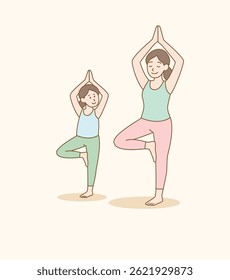 Descrição: Uma ilustração mínima desenhada à mão de uma mãe e filha praticando ioga em pose de árvore. Tom pastel macio, perfeito para o Dia das Mães, saúde da família, ou temas de bem-estar.
