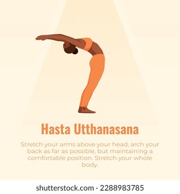 description of Hasta Utthanasana position in yoga set Surya Namascar with young black women