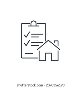 Descripción de las condiciones de vida. Características del edificio o de la habitación del hotel. Características de la vivienda. Icono lineal vectorial aislado en fondo blanco.