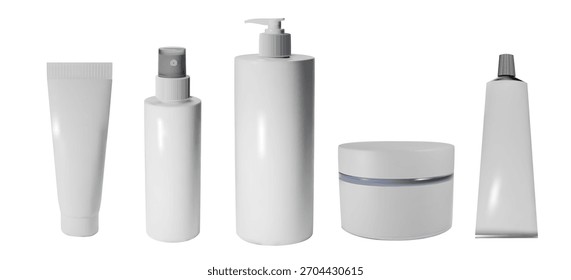 Description: Minimal 3D mockups of cosmetic containers. Essential for designers and marketers. Simple vector art