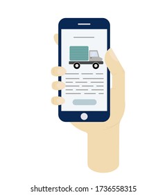 Дorry with description on phone screen in hands on white background. Vector illustration  in flat style. Concept for freight shipping, business, delivery, order online, mobile app