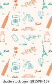 **Description:**

A playful seamless travel-themed pattern featuring hand-drawn line art illustrations of iconic landmarks, transportation, and travel essentials arranged in a balanced all-over composition. The design includes airplanes, cruise ships, passports, luggage, hot air balloons, palm trees, cars, smartphones, the Eiffel Tower, ancient pyramids, skyscrapers, and decorative stars, complemented by cheerful typography such as **