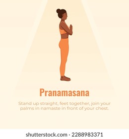 description of Pranamasana position in yoga set Surya Namascar with young black women