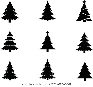 Descrição: Uma coleção profissional de nove silhuetas de árvore de Natal minimalista única. Apresentando vários estilos de pinheiros tradicionais e abetos a desenhos abstratos modernos com estrelas, este conjunto vetorial é perfeito para marcas de férias, cartões de saudação festivos e padrões de estação de inverno.