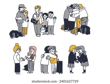 Description: set of illustrations of people saying goodbye, comical hand-drawn figures, vector, line drawings and color.