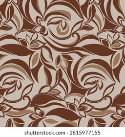 **Description:**

A sophisticated seamless abstract floral pattern featuring stylized leaves, flowing botanical curves, and ornamental floral motifs arranged in a harmonious all-over composition. The design showcases layered shades of chocolate brown, mocha, camel, beige, and ivory, creating a warm monochromatic palette with elegant depth and visual movement. Inspired by contemporary botanical art and vintage decorative textiles, the graceful organic forms blend modern abstraction with timeless floral aesthetics. The smooth flowing lines and balanced composition make this seamless pattern ideal for premium fashion and interior applications. Perfect for dresses, kurtis, blouses, shirts, scarves, upholstery, bedding, cushions, curtains, wallpapers, quilting fabrics, gift wrapping, stationery, and a wide range of surface pattern design projects. Its earthy neutral tones, artistic botanical styling, and sophisticated abstract design make it an excellent choice for luxury textile collections, modern home décor, and contemporary fashion fabrics.
