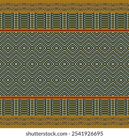 Description:

This captivating pattern showcases a vibrant and intricate design reminiscent of traditional embroidery or weaving techniques. The repeating geometric motif, featuring a wavy line