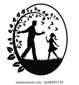 Description
A touching black silhouette of a father and daughter surrounded by leaves and birds, capturing a moment of joy and connection. This heartwarming design is perfect for family-themed project