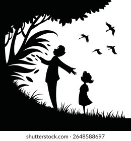 Description
A touching black silhouette of a parent and child exploring nature under a tree, with birds flying in the background. This evocative design captures moments of discovery and connection.
