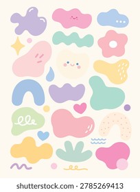 Description: Trendy abstract organic blob shapes vector set in cute pastel colors. Hand-drawn doodle elements with funny smiling faces, stars, hearts, and lines for stickers, planners, scrapbooking, and modern graphic design.