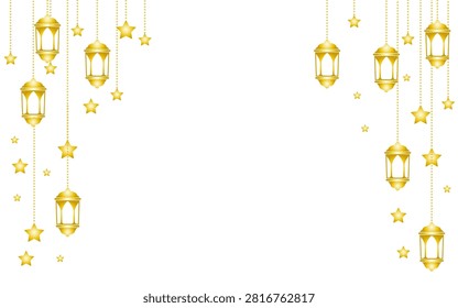 Description (under 200 characters)Elegant Islamic-style frame featuring golden gradient hanging lanterns and stars inspired by the traditional Ramadan Kareem celebration. Ideal for Eid greetings, banners, invitations, social media, and festive designs with copy space.