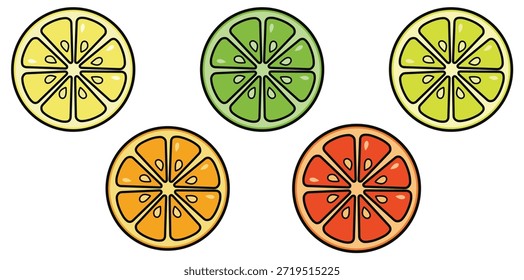Descrição: Uma coleção vibrante de fatias estilizadas de frutas cítricas, incluindo limão, limão, laranja e toranja. Este conjunto de vetor fresco apresenta segmentos coloridos com sementes, perfeito para temas de verão, embalagens de suco ou projetos de alimentos saudáveis.