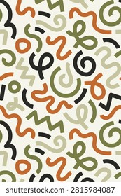 **Description:**

A vibrant seamless abstract geometric pattern inspired by retro Memphis design, featuring playful squiggles, spirals, loops, curved lines, and bold organic shapes arranged in a lively all-over composition. The design combines earthy shades of olive green, sage, terracotta orange, charcoal black, and soft cream, creating a modern yet warm aesthetic with a perfect balance of movement and minimalism. The free-flowing abstract forms and contemporary color palette give the pattern a fun, artistic character suitable for a variety of fashion and interior applications. Perfect for dresses, shirts, blouses, scarves, activewear, upholstery, cushions, curtains, wallpapers, bedding, quilting fabrics, gift wrapping, stationery, tote bags, and a wide range of surface pattern design projects. Its mid-century modern influence, abstract composition, and sophisticated earthy tones make this seamless pattern an excellent choice for premium textile collections, contemporary home décor, lifestyle products, and creative fashion designs.
