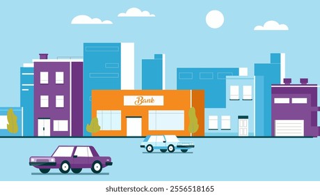 Description: A vibrant vector illustration of a cityscape featuring colorful buildings, a bank, parked cars, and a bright, clear sky. Perfect for urban-themed projects, designs, or advertisements.