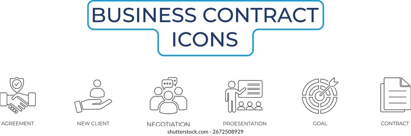 DescripciónConjunto de iconos de línea de contrato comercial. Simple colección de iconos sólidos modernos.