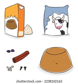 Descriptive elements to make the recipe for the traditional custard in cute doodles: box with ready to prepare custard powder, milk, raisins, cloves, cinnamon, coconut and raisins.