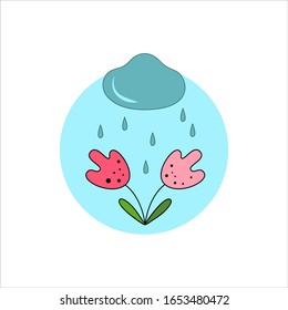 Deseased plantn. Hand drawn vector illustration. Flowers in the rain. Black contour doodle, line art. Minimalist, cartoon style.For banner, flyer, poster, card, logo, badge. Vector illustration