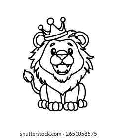 desenho vetor em linhas na cor preta de leão rugindo com coroa na cabeça e fundo branco