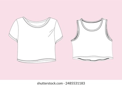 Desenho vetorial técnico da frente de blusas curtas de verão com mangas e regata em fundo branco e rosa