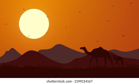 deser landscape with camels silhoutte background flat illustration