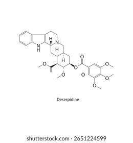 Estrutura esquelética da deserpidina. Ilustração esquemática do composto anti-hipertensivo. Diagrama simples, fórmula química.