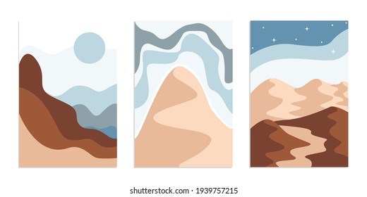 Paisaje boho abstracto del desierto con sol y luna. Resumen vectorial de fondo estético contemporáneo en tonos terrestres. Juego de afiches.