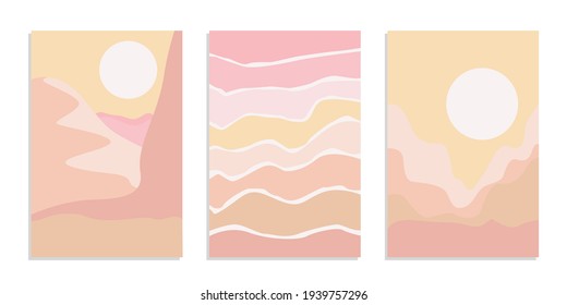 Desert abstract boho landscape with sun and moon in pink color. Abstract vector contemporary aesthetic background in Earth tones. Set of posters.