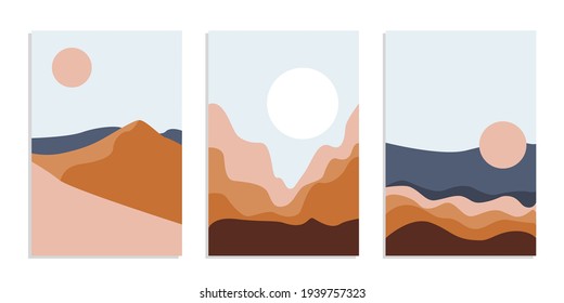 Desert abstract boho landscape with sun and moon. Abstract vector contemporary aesthetic background in Earth tones. Set of posters.