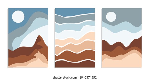 Paisaje boho abstracto del desierto con sol y luna. Resumen vectorial de fondo estético contemporáneo en tonos terrestres. Juego de afiches.