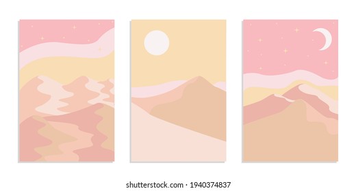 Desert abstract boho landscape with sun and moon in pink color. Abstract vector contemporary aesthetic background in Earth tones. Set of posters.