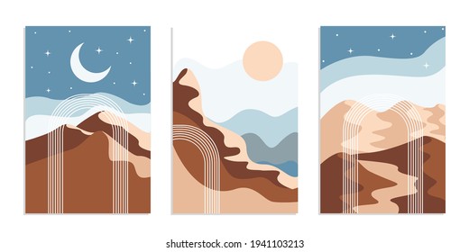 Desert abstract boho landscape with sun and moon in arch. Abstract vector contemporary aesthetic background in Earth tones. Set of posters.