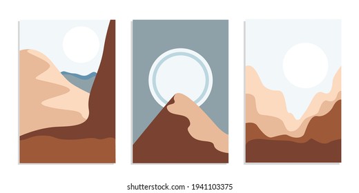 Desert abstract boho landscape with sun and moon. Abstract vector contemporary aesthetic background in Earth tones. Set of posters.