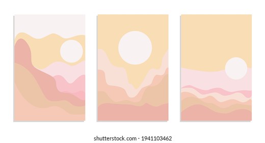 Paisaje boho abstracto del desierto con sol y luna en color rosa. Resumen vectorial de fondo estético contemporáneo en tonos terrestres. Juego de afiches.