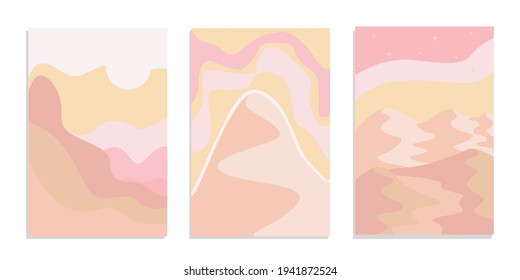 Desert abstract boho landscape with sun and moon in pink color. Abstract vector contemporary aesthetic background in Earth tones. Set of posters.