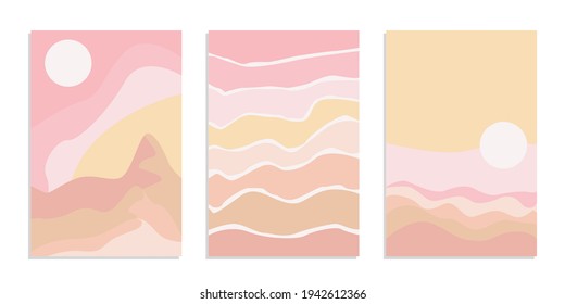Paisaje boho abstracto del desierto con sol y luna en color rosa. Resumen vectorial de fondo estético contemporáneo en tonos terrestres. Juego de afiches.