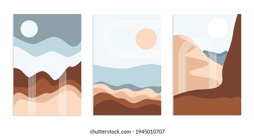 Paisaje boho abstracto del desierto con sol y luna en arco. Resumen vectorial de fondo estético contemporáneo en tonos terrestres. Juego de afiches.