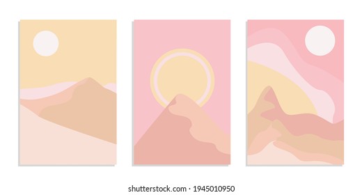 Paisaje boho abstracto del desierto con sol y luna en color rosa. Resumen vectorial de fondo estético contemporáneo en tonos terrestres. Juego de afiches.