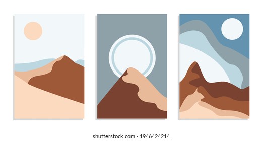 Desert abstract boho landscape with sun and moon. Abstract vector contemporary aesthetic background in Earth tones. Set of posters.