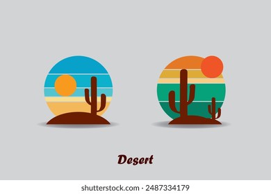 Desert abstract logo icon set, striped desert abstract logo with retro theme, 80s style sunset, tourism, summer and adventure concept.