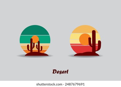 Desert abstract logo icon set, striped desert abstract logo with retro theme, 80s style sunset, tourism, summer and adventure concept.