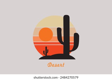 Logo abstracto del desierto, logo abstracto del desierto a rayas con tema retro, atardecer estilo años 80, turismo, verano y concepto de aventura.