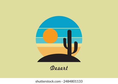 Desert abstract logo, striped desert abstract logo with retro theme, 80s style sunset, tourism, summer and adventure concept.