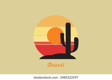 Desert abstract logo, striped desert abstract logo with retro theme, 80s style sunset, tourism, summer and adventure concept.